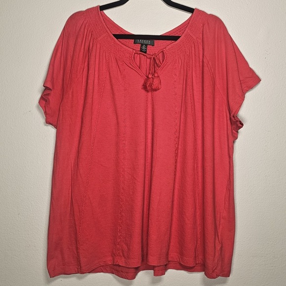 Lauren Ralph Lauren Tops - Lauren Ralph‎ Lauren Womens 3X Red Neck Tie Boho Top Stretchy Embroidered Blouse